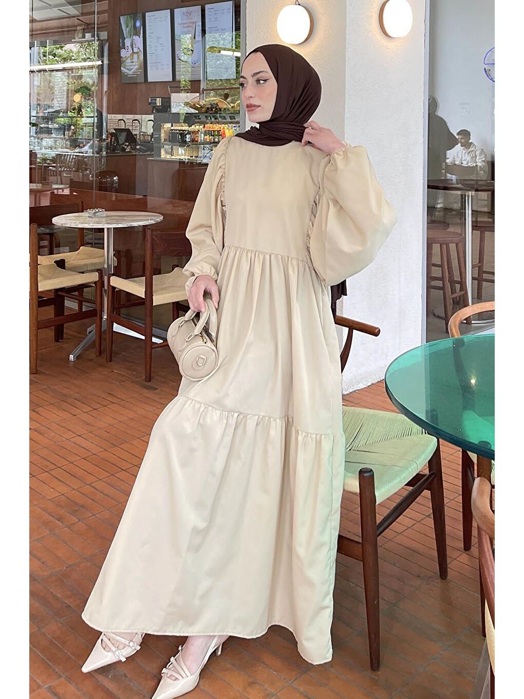 Bej Balon Kol Katlı Yazlık Elbise Taş-3