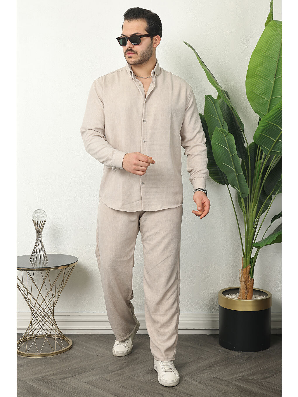 Ekru Erkek Trend Keten Gömlek Baggy Eşofman Krem İkili Takım-3