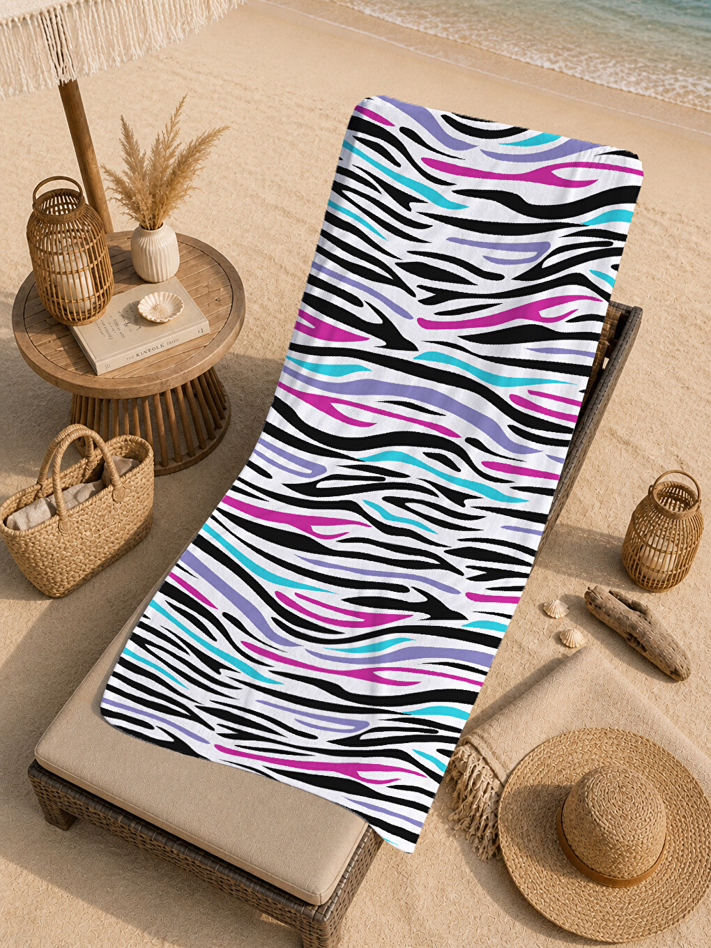 Beyaz Renkli Zebra Dalga Desenli 70x150 Cm Dijital Baskılı Plaj Ve Banyo Havlusu-3