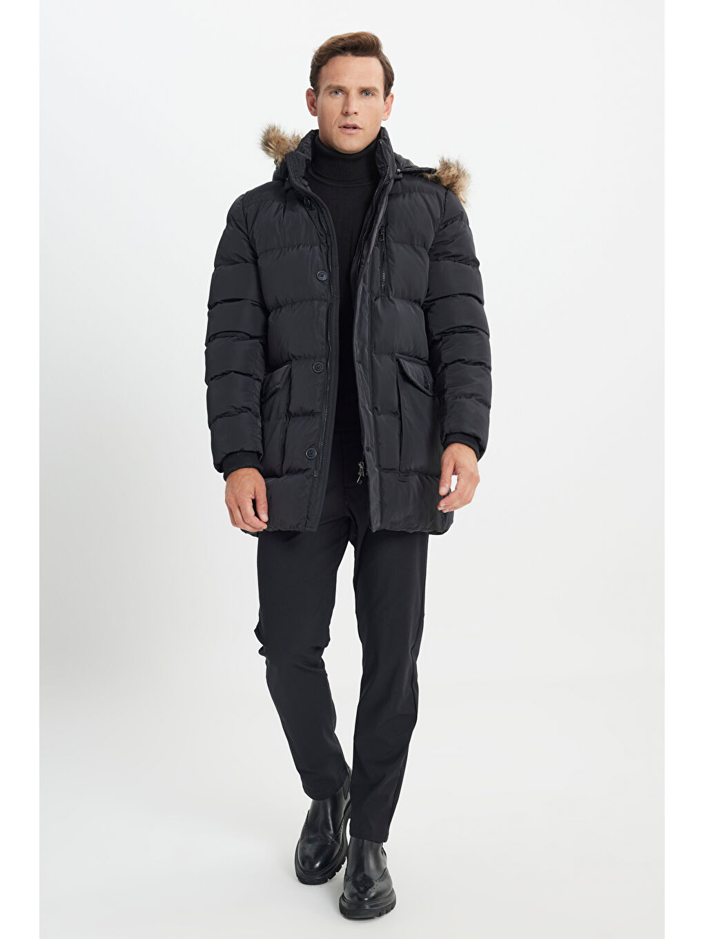 Erkek Siyah Standart Fit Soğuk Geçirmez Casual Mont-1