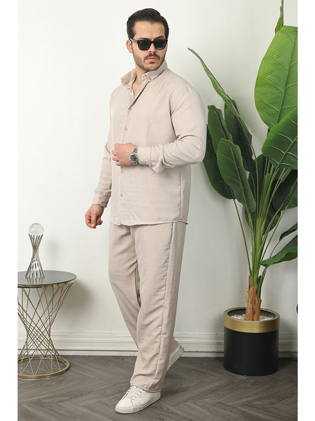 Ekru Erkek Trend Keten Gömlek Baggy Eşofman Krem İkili Takım-4