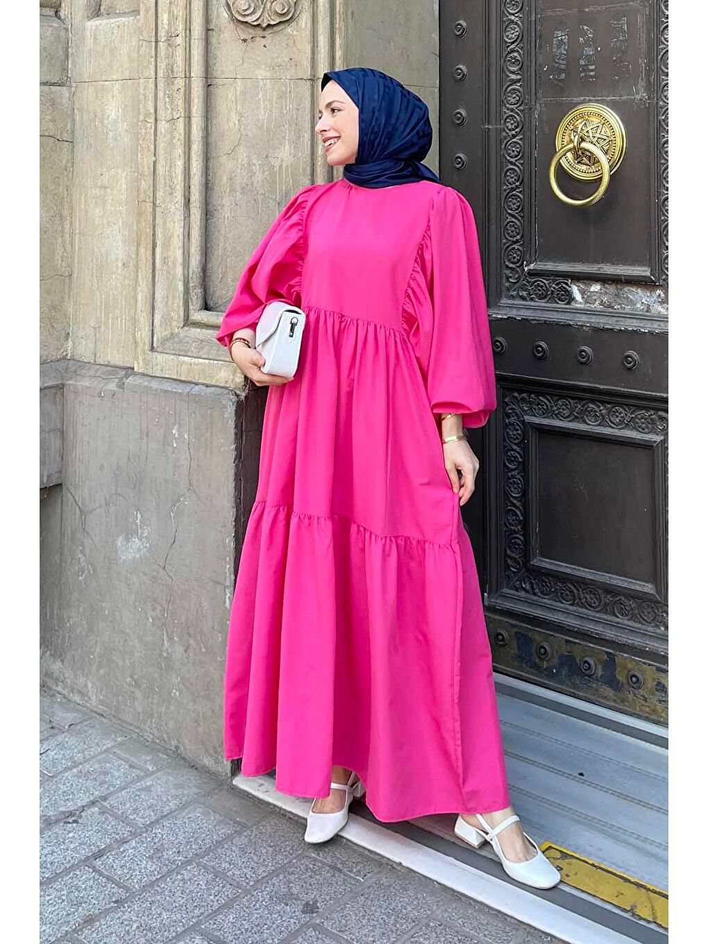 Fuşya Balon Kol Katlı Yazlık Elbise Pembe-1