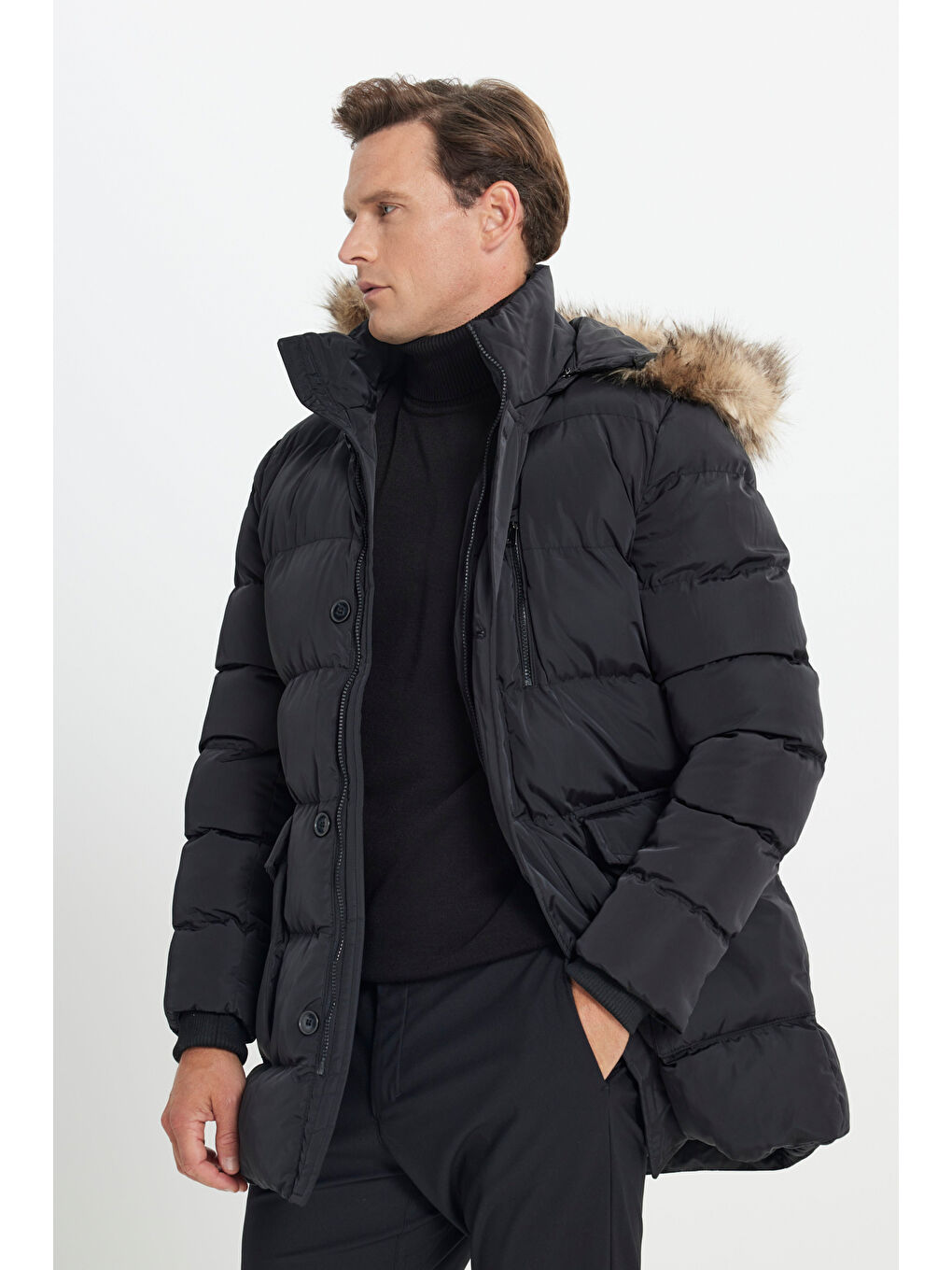 Erkek Siyah Standart Fit Soğuk Geçirmez Casual Mont-2