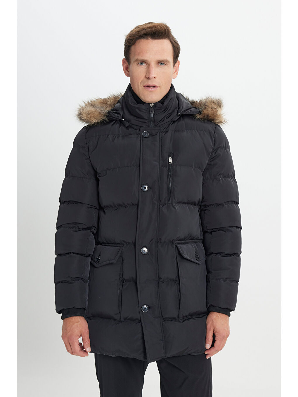 Erkek Siyah Standart Fit Soğuk Geçirmez Casual Mont-3