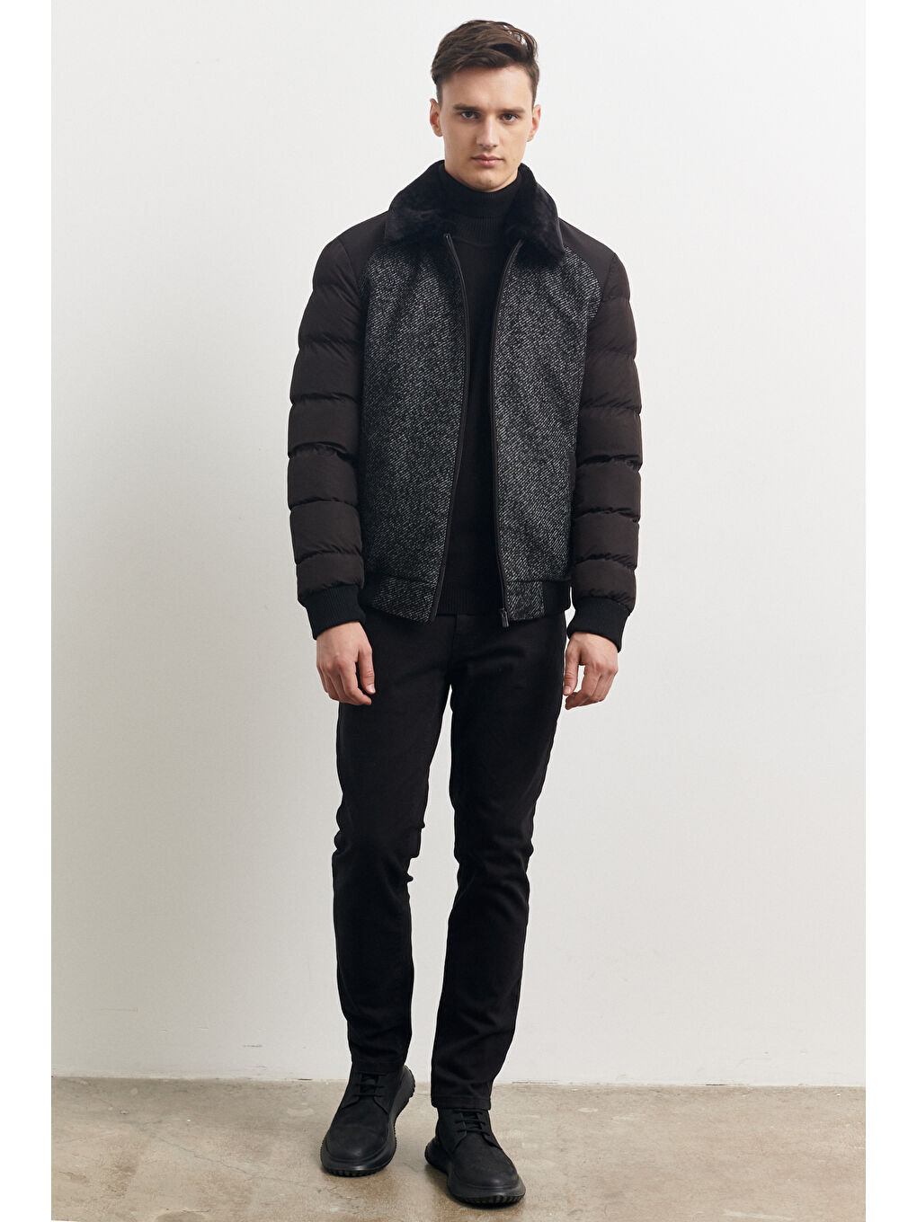 Erkek Siyah Standart Fit Normal Kesim Kürklü Dik Yaka Mont-1
