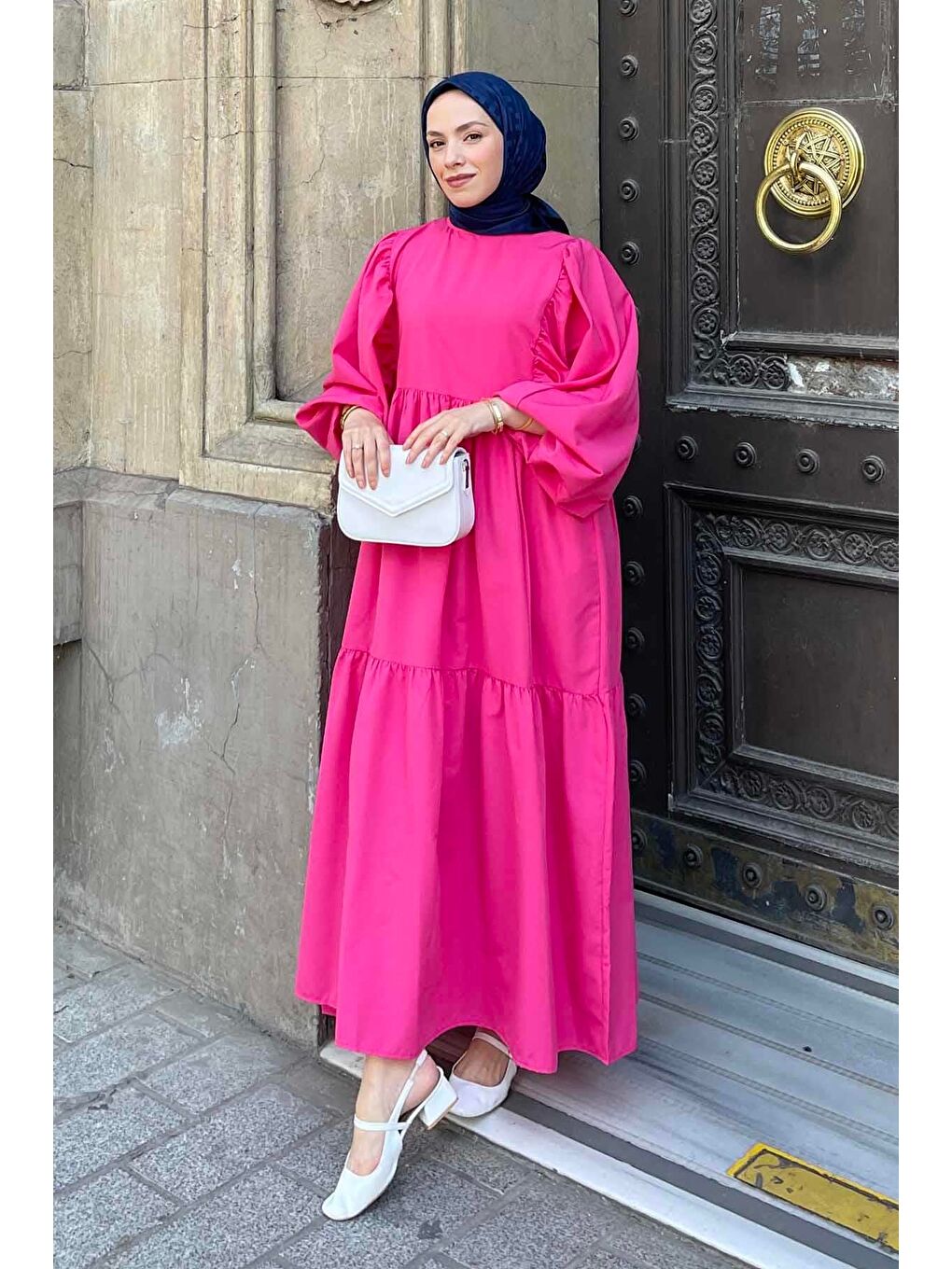 Fuşya Balon Kol Katlı Yazlık Elbise Pembe-2