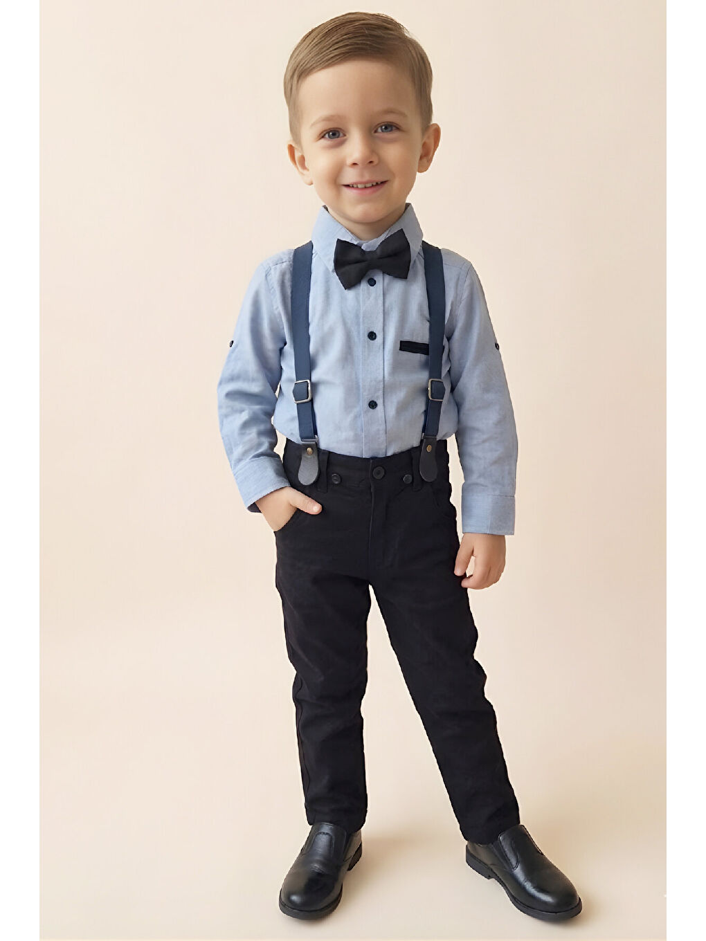 Mavi Erkek Bebek 4'lü Takım Set (Pantolon+Gömlek+Askılı Kemer+Papyon) 12631-1