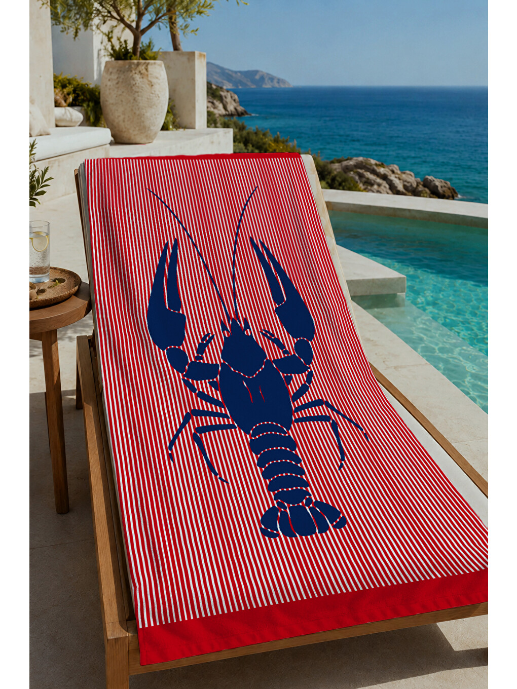 Milbay Grup Kırmızı Çizgili Lacivert Istakoz Desenli 70x150 Cm Dijital Plaj Ve Banyo Havlusu-37329