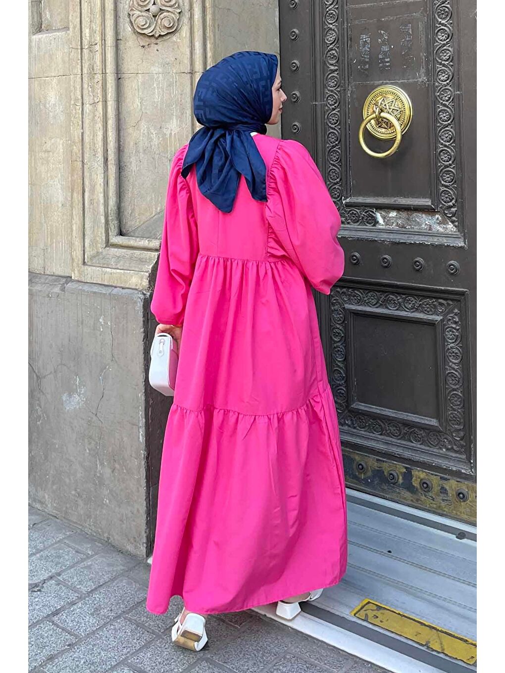 Fuşya Balon Kol Katlı Yazlık Elbise Pembe-3