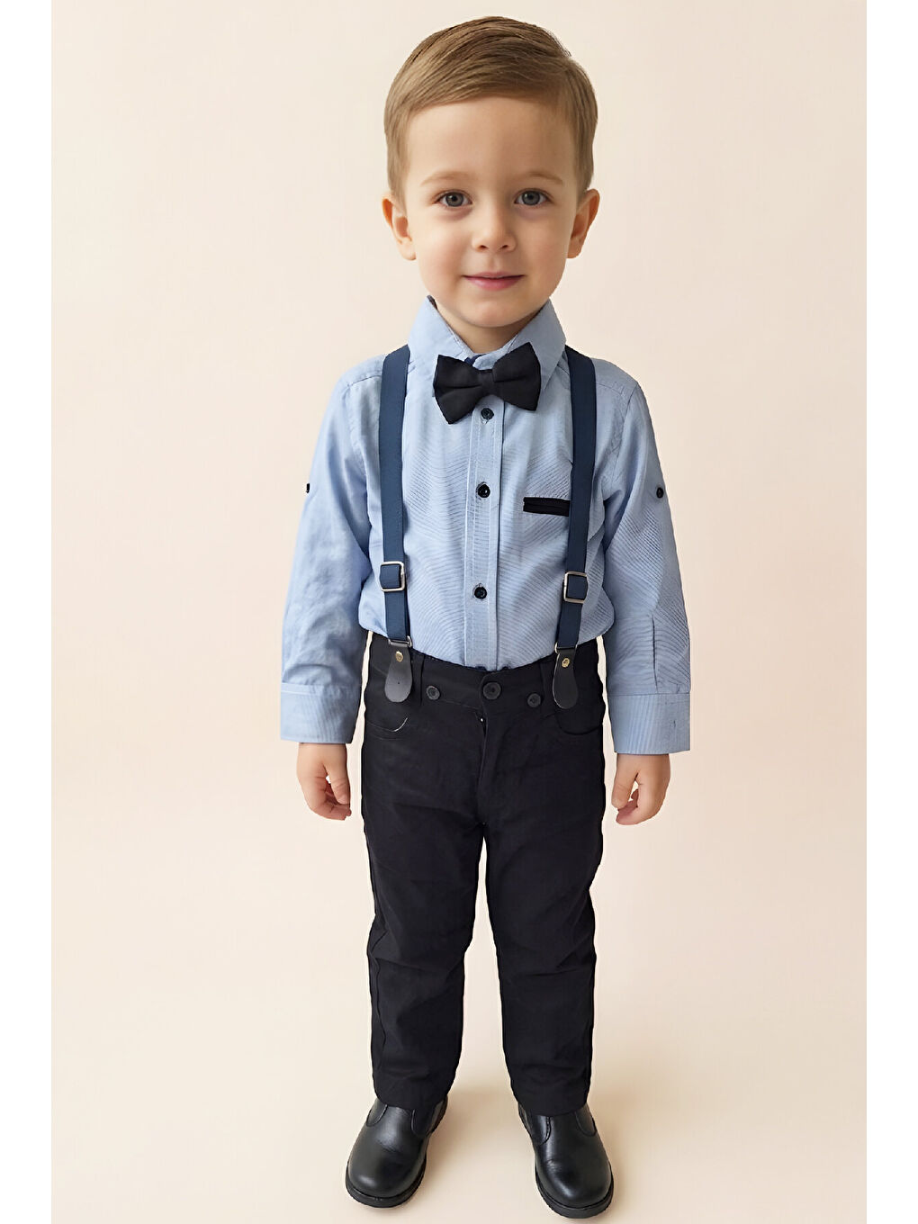 Mavi Erkek Bebek 4'lü Takım Set (Pantolon+Gömlek+Askılı Kemer+Papyon) 12631-2
