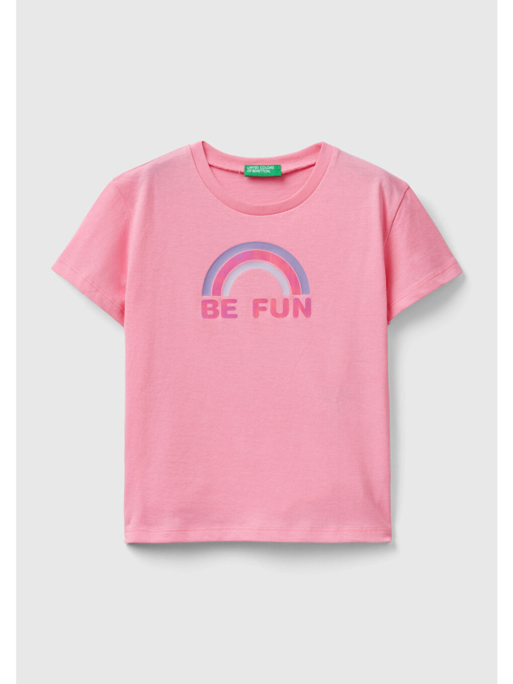 United Colors Of Benetton Pembe Kız Çocuk Pembe Önü Grafik ve Slogan Baskılı Yırtmaçlı Geniş Kesim T-Shirt