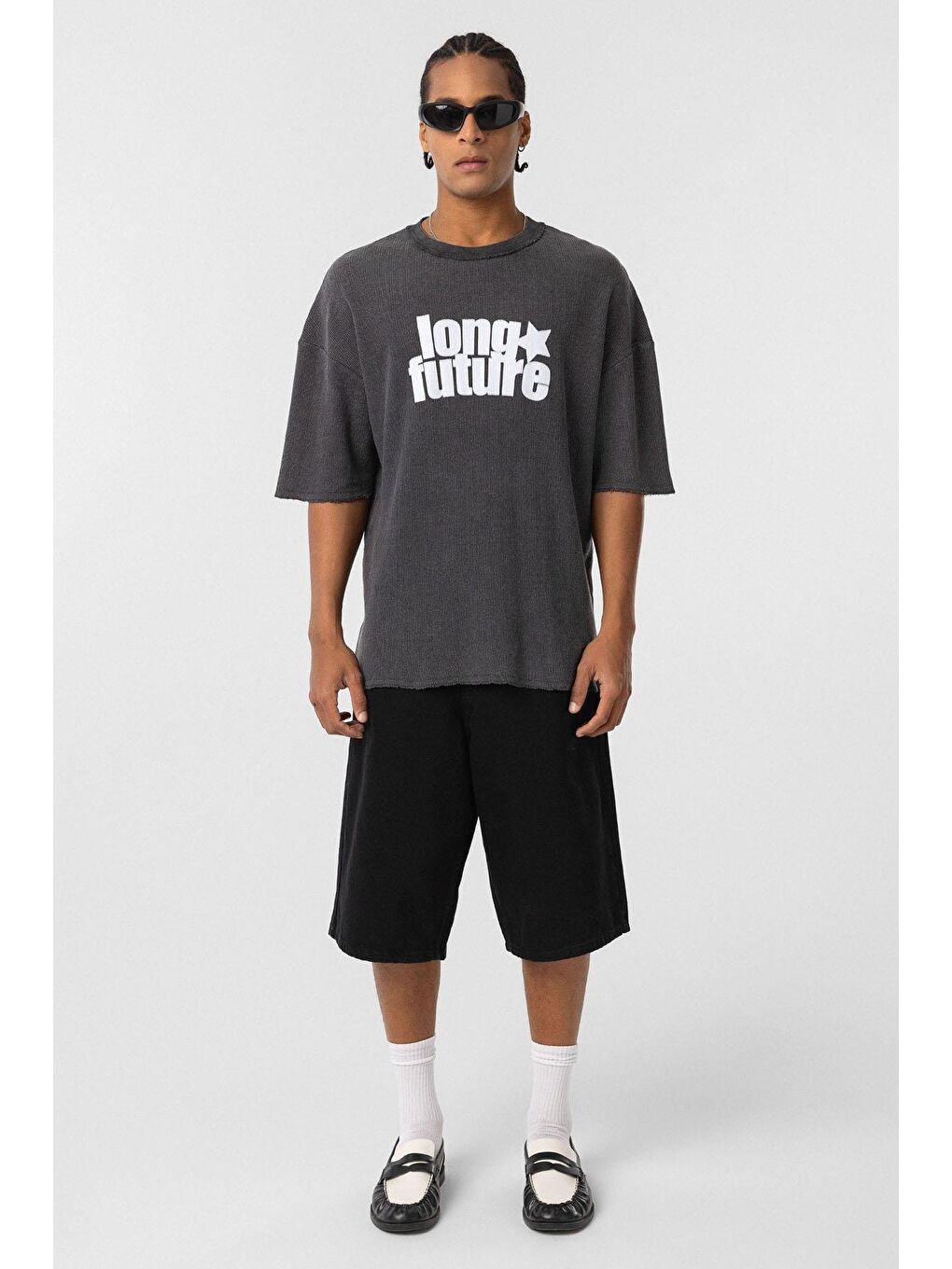 Yıkamalı Oversize Triko Tişört Siyah