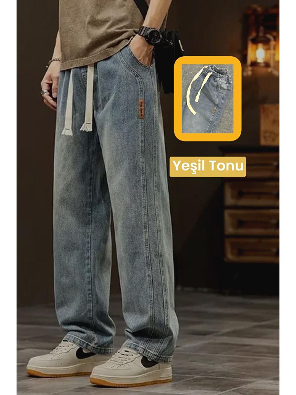 Oksit Yeşil Reax Streetwear Beli Lastikli İpli Düz Paça Rahat Kesim Erkek Jean Pantolon - 1