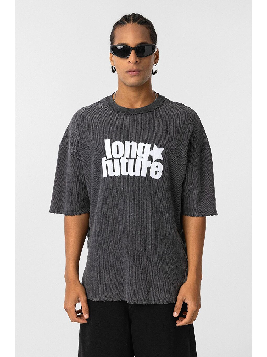 Yıkamalı Oversize Triko Tişört Siyah-2