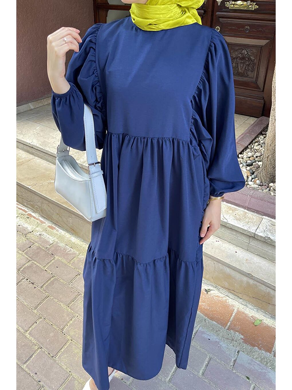 Balon Kol Katlı Yazlık Elbise Lacivert-1