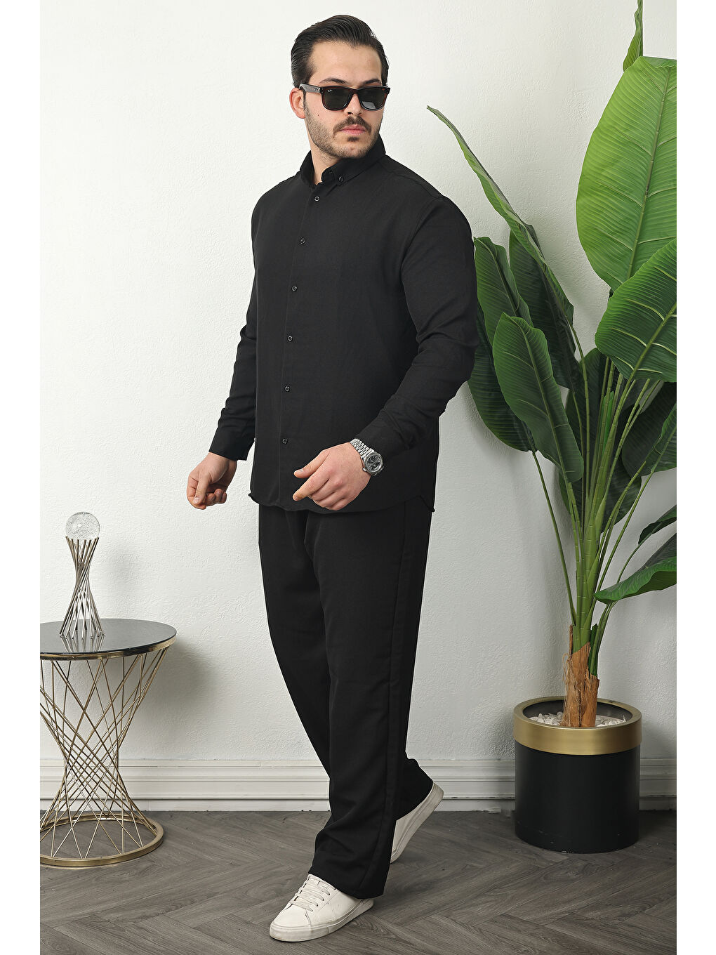 Erkek Trend Keten Gömlek Baggy Eşofman Siyah İkili Takım-1