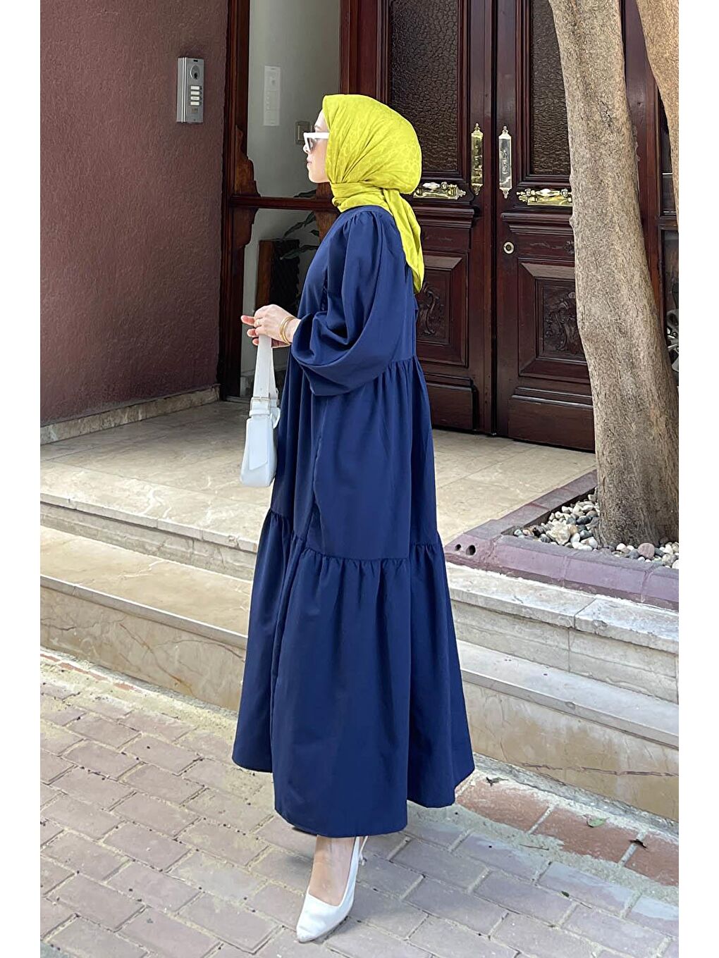 Balon Kol Katlı Yazlık Elbise Lacivert-2