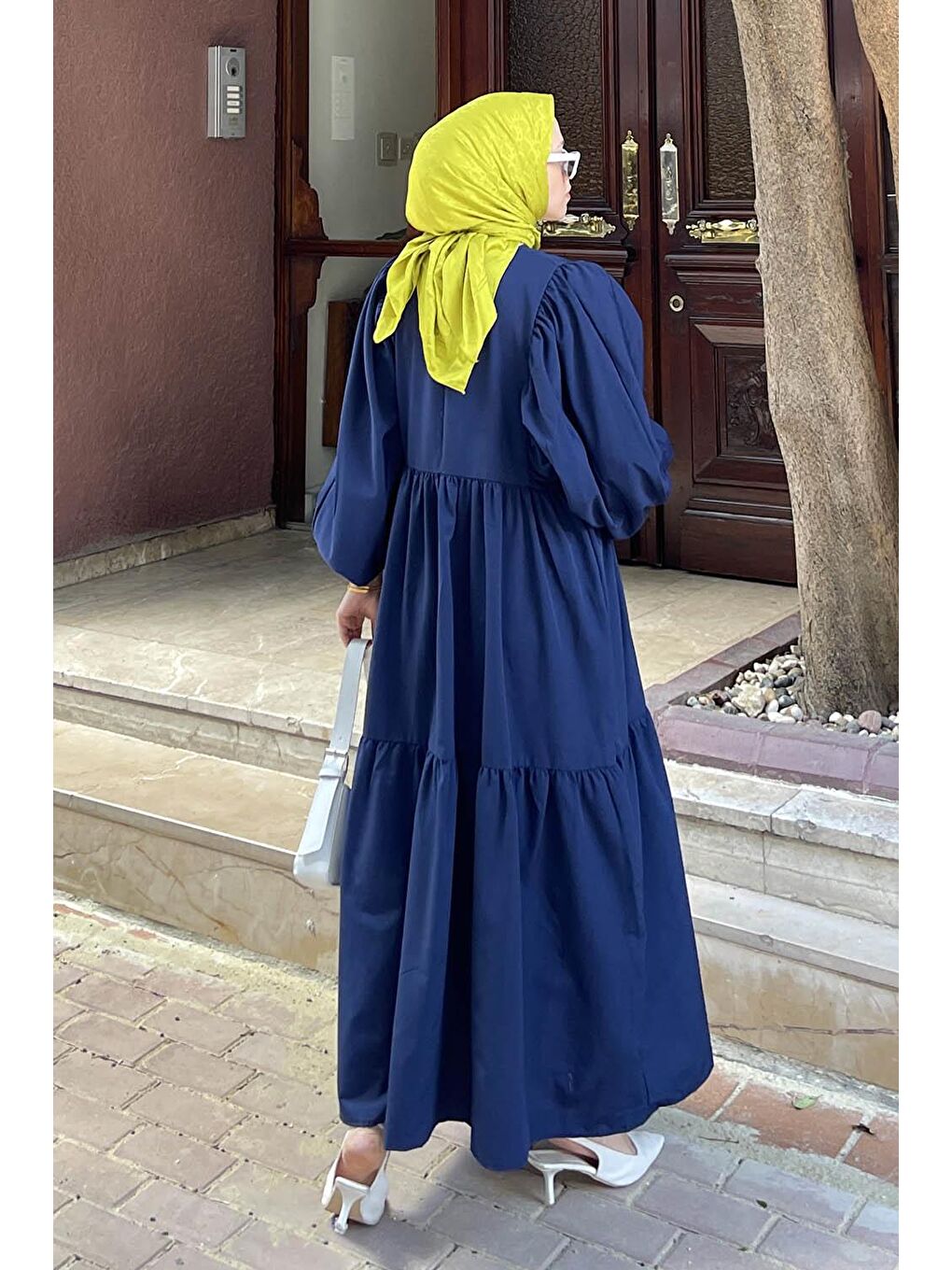 Balon Kol Katlı Yazlık Elbise Lacivert-3