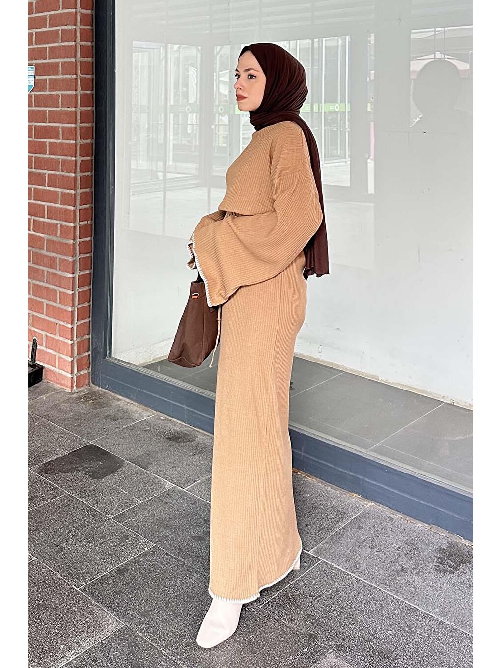 Kahverengi Kol-Etek Ucu Nakışlı Triko Elbise Sütlü Kahve-1