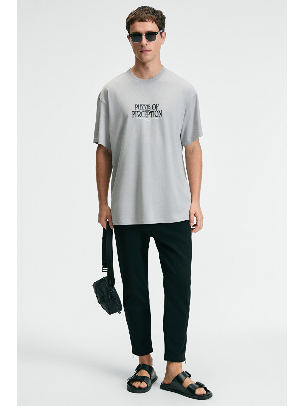 Feast Erkek %100 Pamuk Oversize Fit Baskılı Kısa Kollu Yuvarlak Yakalı Açık Gri T-shirt-1