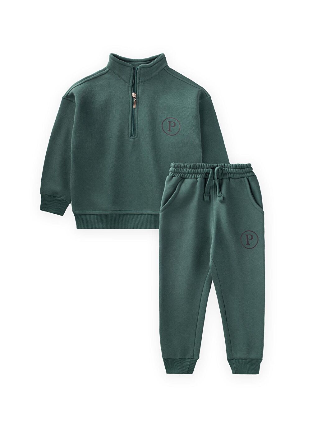 Fermuarlı Baskılı Sweatshirt Takım 3-10 Yaş Haki Yeşil