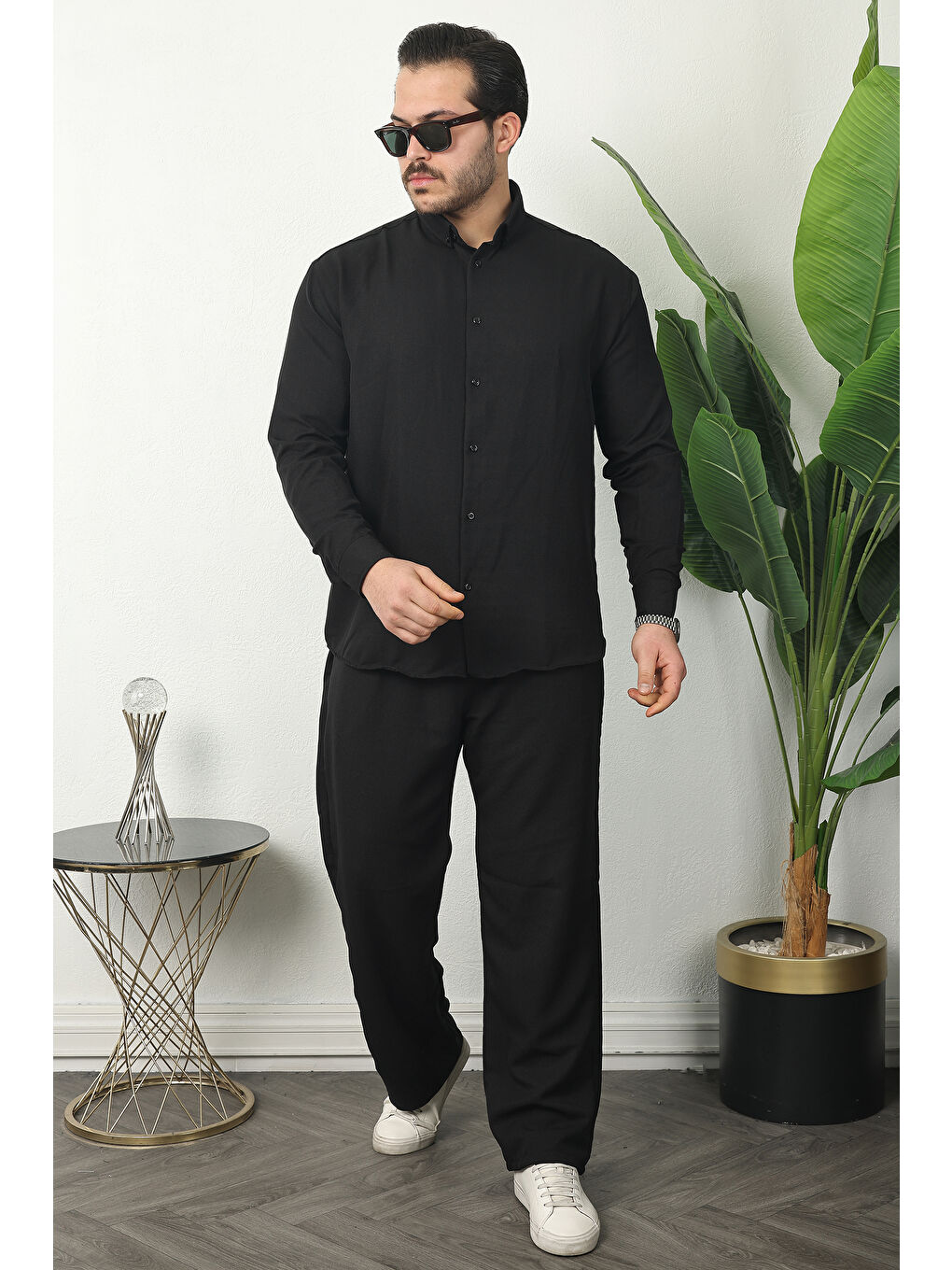 Erkek Trend Keten Gömlek Baggy Eşofman Siyah İkili Takım-4