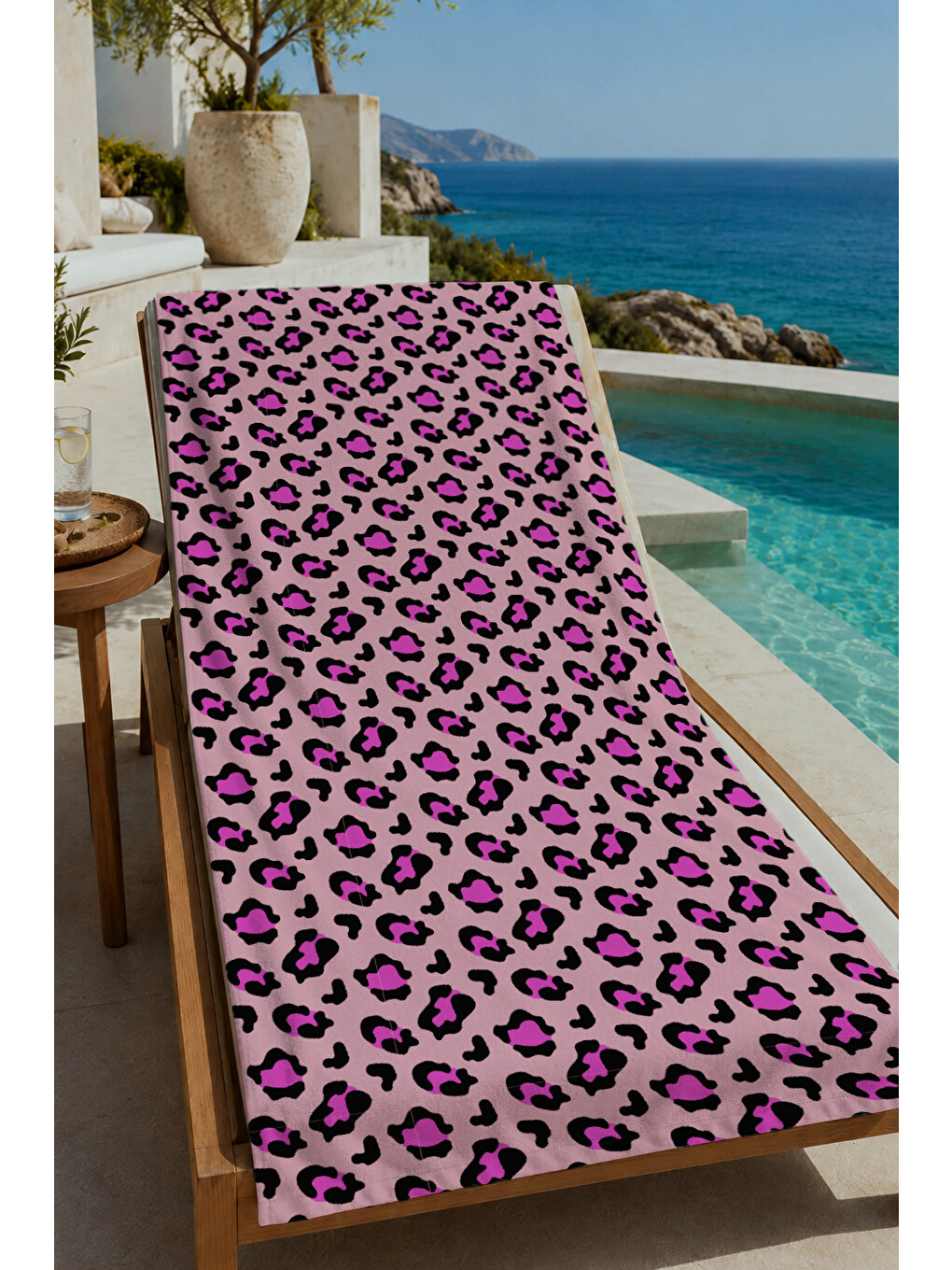 Bej Pembe Leopar Desenli 70x150 Cm Dijital Baskılı Plaj Ve Banyo Havlusu