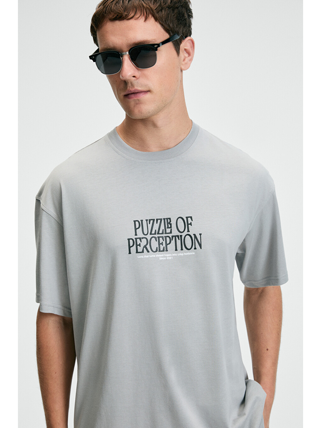 Feast Erkek %100 Pamuk Oversize Fit Baskılı Kısa Kollu Yuvarlak Yakalı Açık Gri T-shirt-3