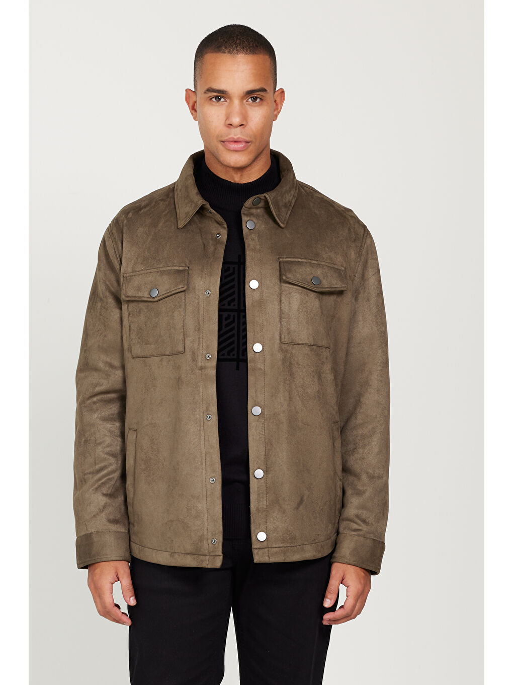 Erkek Haki Standart Fit Normal Kesim Gömlek Yaka Yağlı Görünümlü Mont
