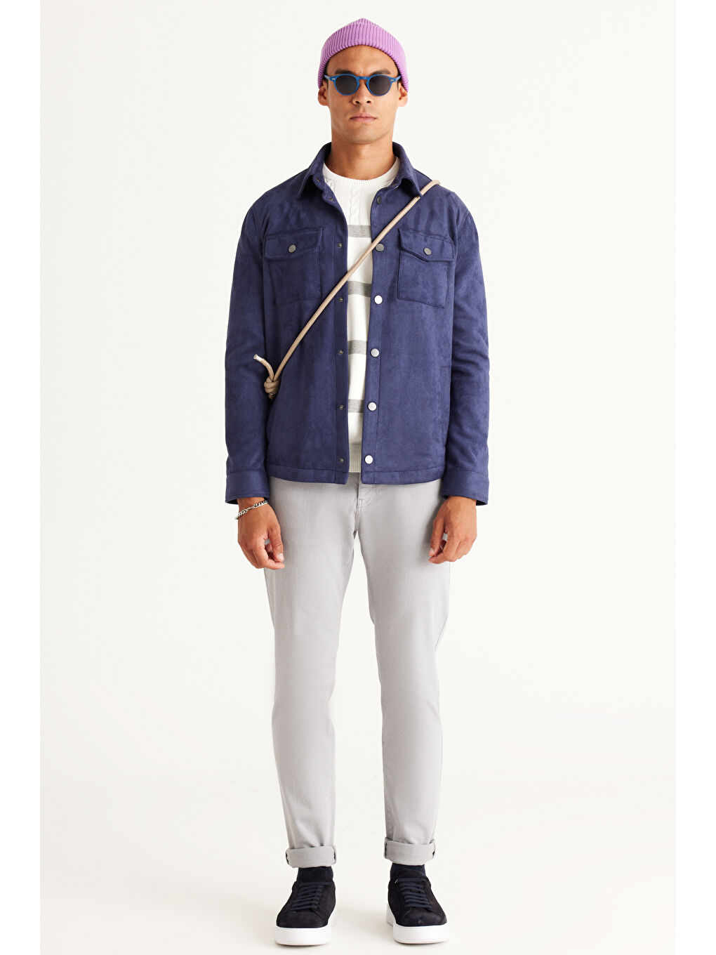 Erkek Lacivert Standart Fit Normal Kesim Gömlek Yaka Yağlı Görünümlü Mont-1