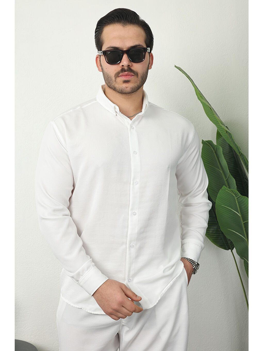 Erkek Trend Keten Gömlek Baggy Eşofman Beyaz İkili Takım-2