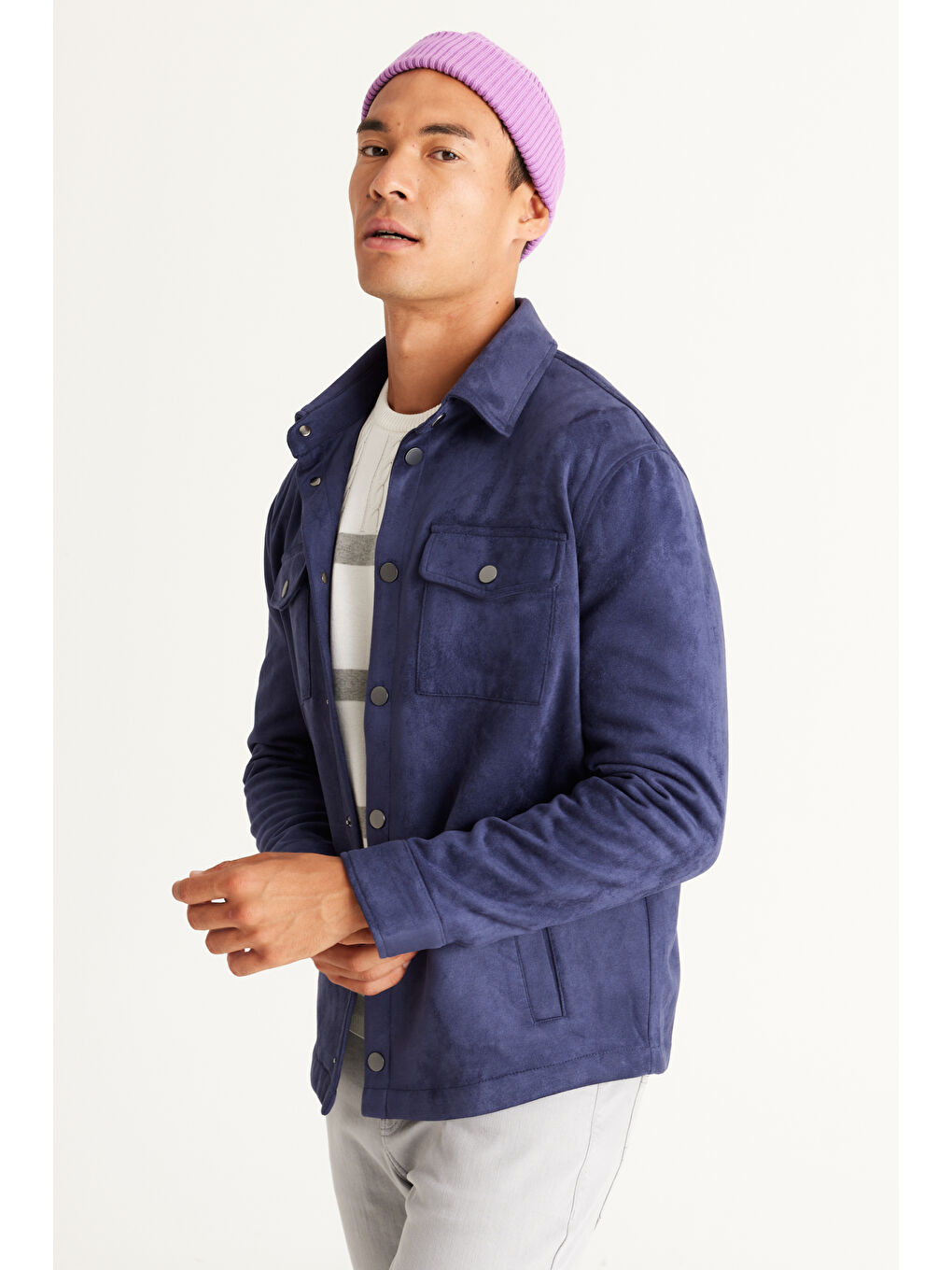 Erkek Lacivert Standart Fit Normal Kesim Gömlek Yaka Yağlı Görünümlü Mont-2