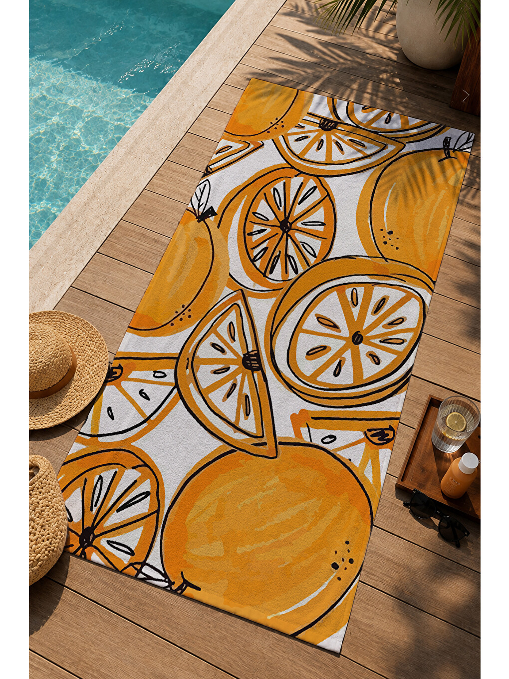 Kahverengi Hardal Portakal Dilimleri Desenli 70x150 Cm Dijital Baskılı Plaj Ve Banyo Havlusu-2