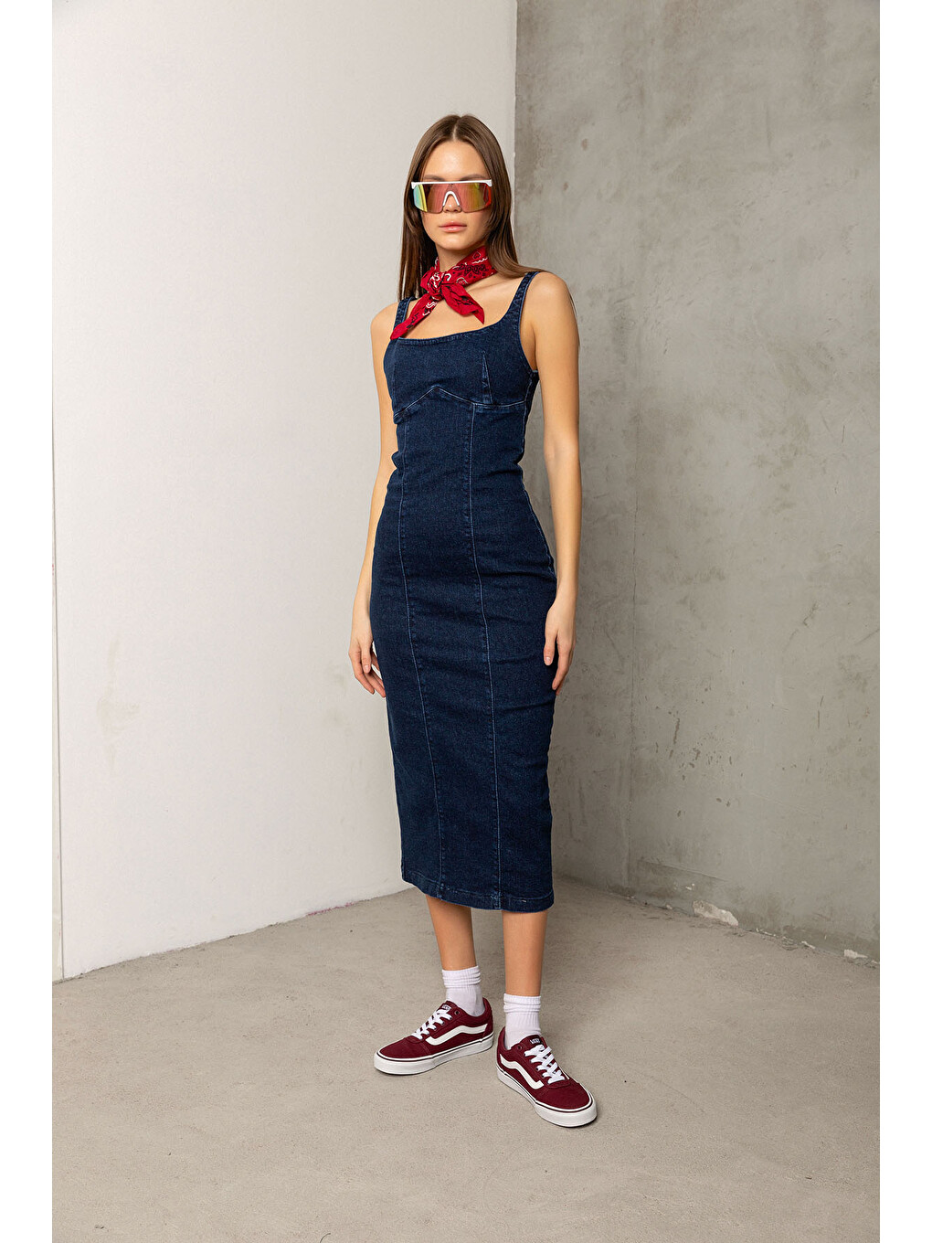 Mavi Arka fermuarlı yırtmaçlı geniş askılı jean denim Maksi Kadın Elbise @Berlin-1