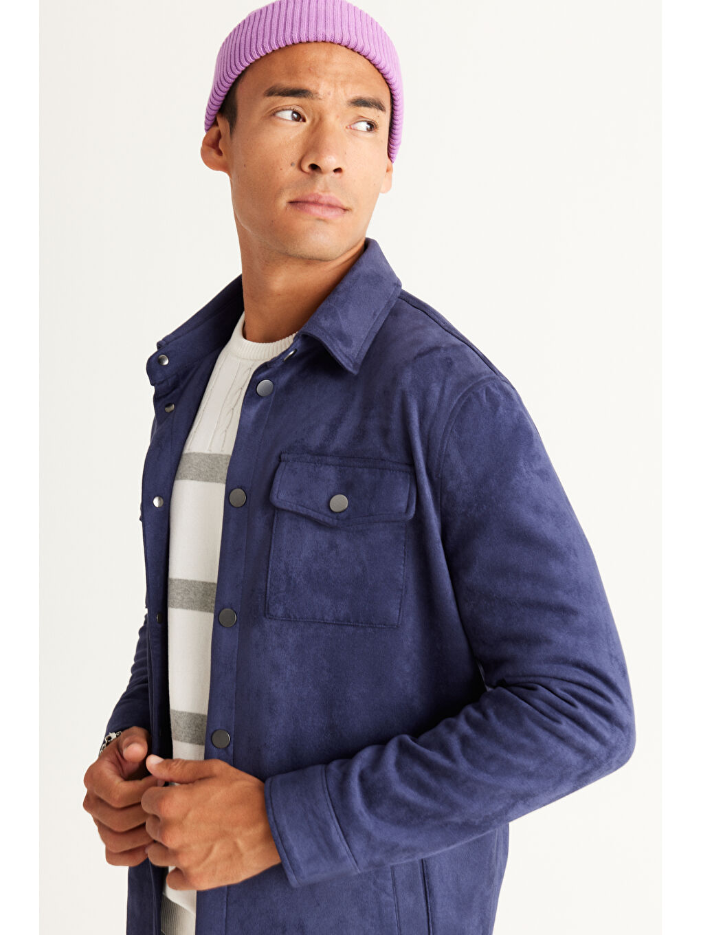 Erkek Lacivert Standart Fit Normal Kesim Gömlek Yaka Yağlı Görünümlü Mont-3