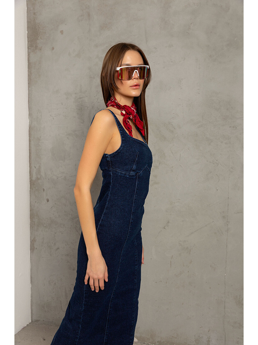 Mavi Arka fermuarlı yırtmaçlı geniş askılı jean denim Maksi Kadın Elbise @Berlin-2