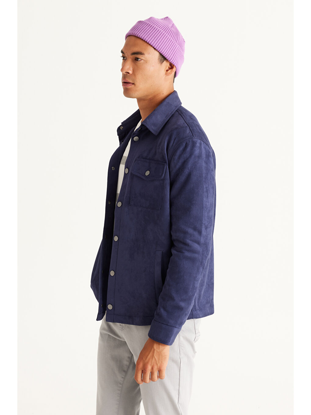 Erkek Lacivert Standart Fit Normal Kesim Gömlek Yaka Yağlı Görünümlü Mont-4