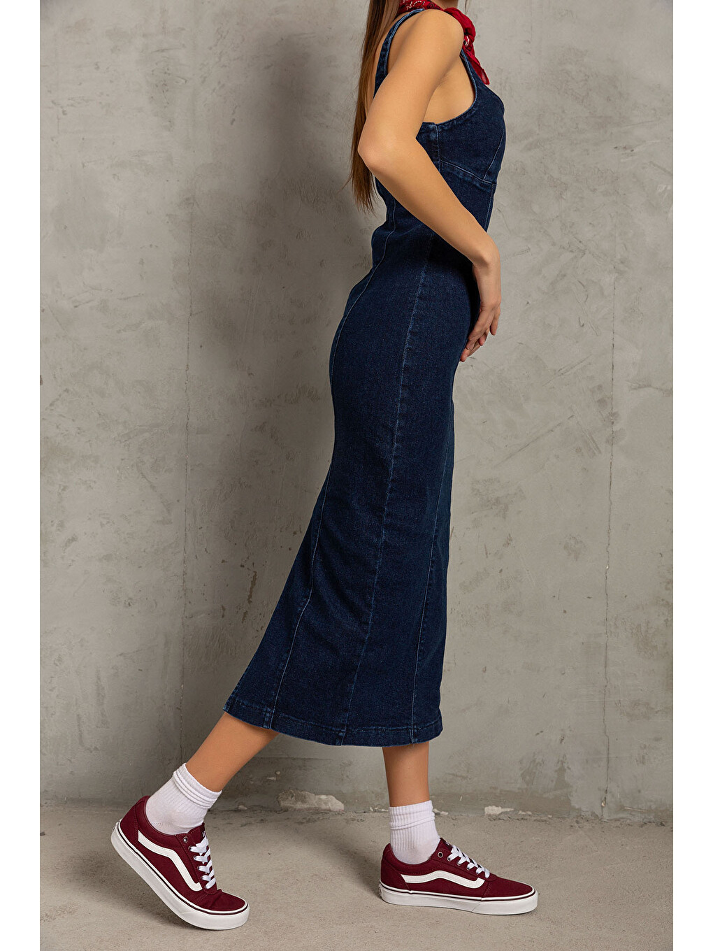 Mavi Arka fermuarlı yırtmaçlı geniş askılı jean denim Maksi Kadın Elbise @Berlin-3