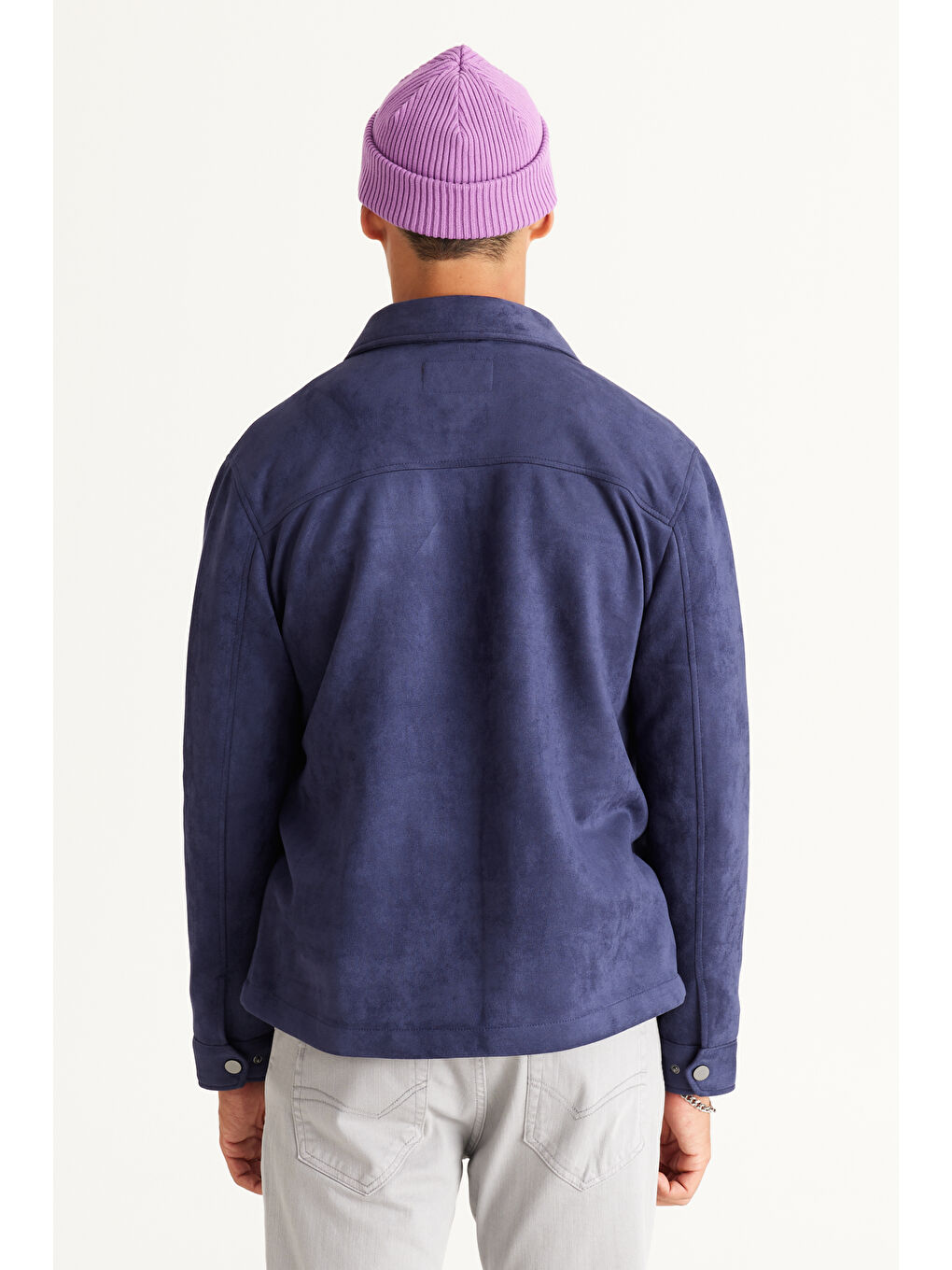 Erkek Lacivert Standart Fit Normal Kesim Gömlek Yaka Yağlı Görünümlü Mont-5