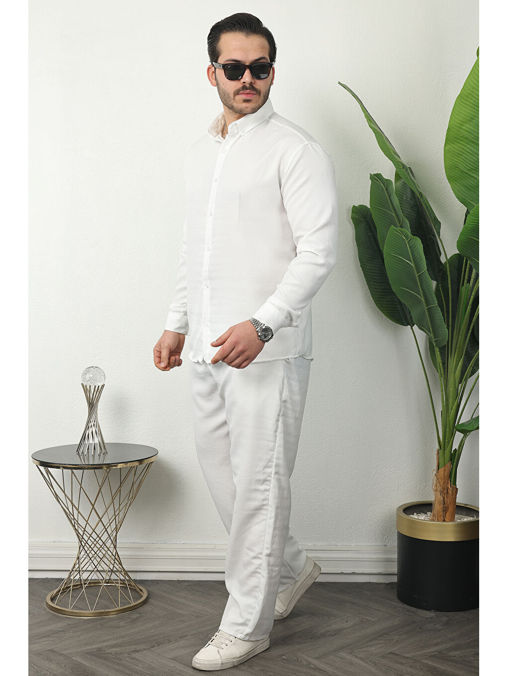 Erkek Trend Keten Gömlek Baggy Eşofman Beyaz İkili Takım-3