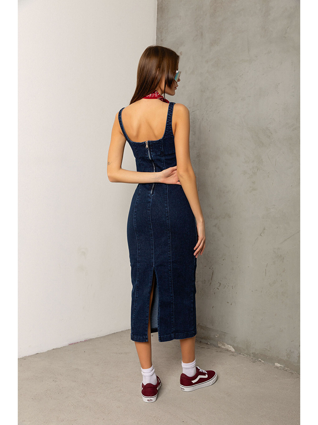Mavi Arka fermuarlı yırtmaçlı geniş askılı jean denim Maksi Kadın Elbise @Berlin-4