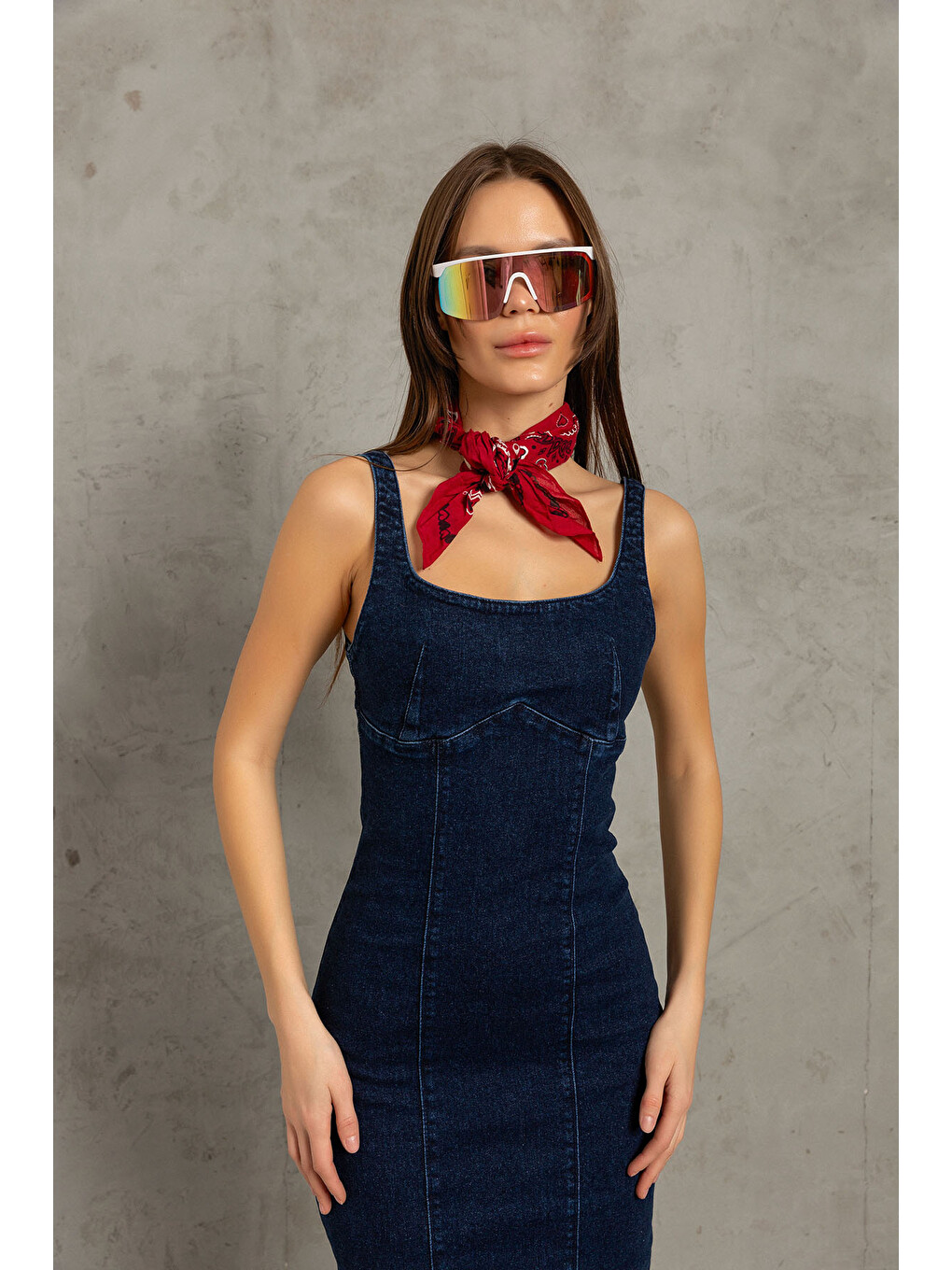 Mavi Arka fermuarlı yırtmaçlı geniş askılı jean denim Maksi Kadın Elbise @Berlin-5