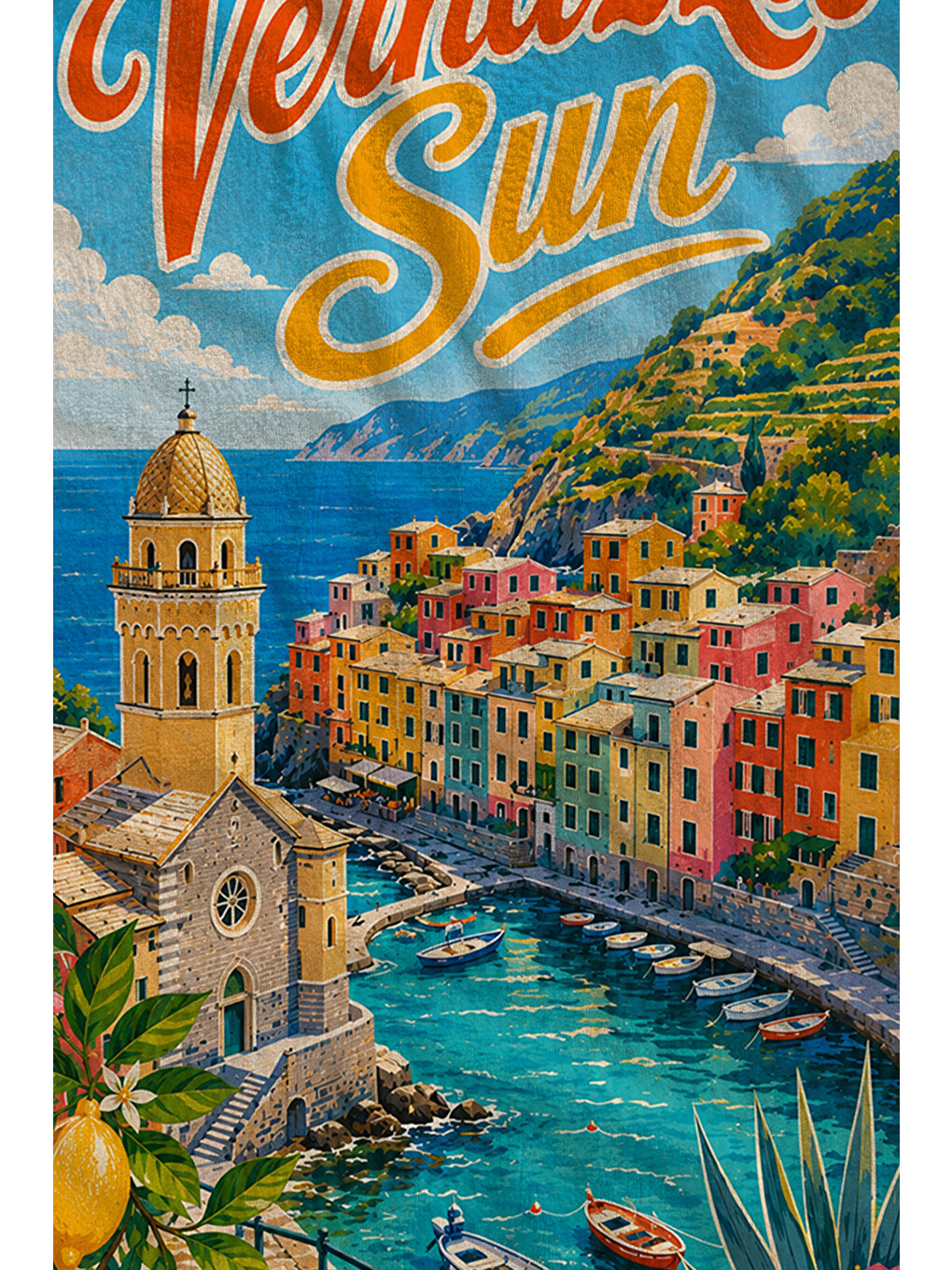 Turuncu Vintage Verano Del Sol Yaz Posteri Desenli 70x150 Plaj Havlusu - Dijital Baskılı Banyo Havlusu-1