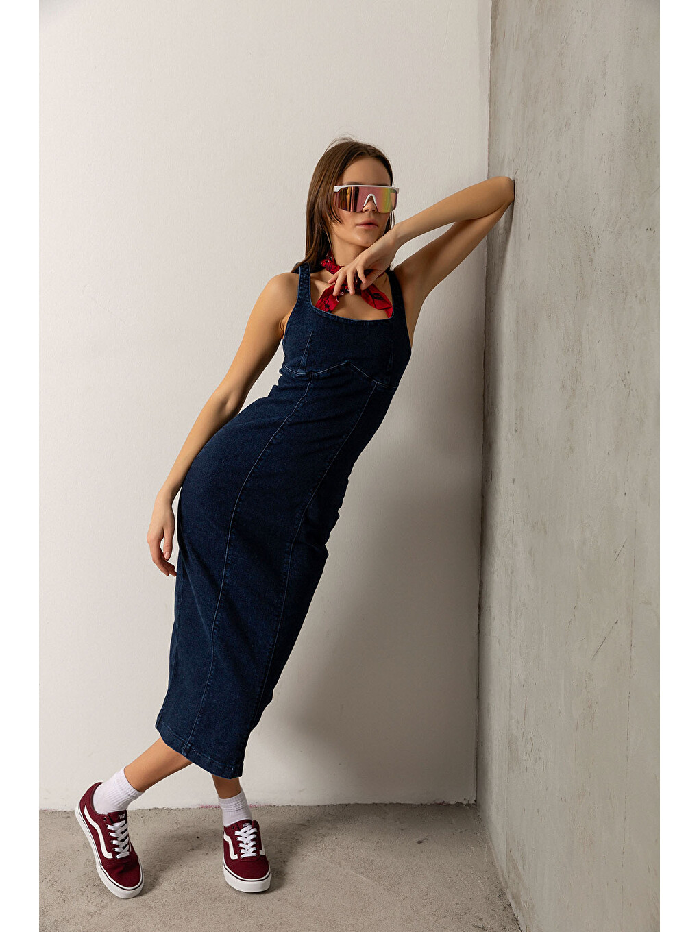 Mavi Arka fermuarlı yırtmaçlı geniş askılı jean denim Maksi Kadın Elbise @Berlin-6