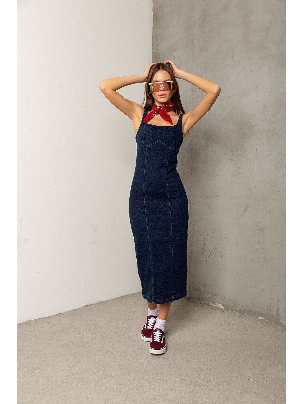 Mavi Arka fermuarlı yırtmaçlı geniş askılı jean denim Maksi Kadın Elbise @Berlin-7