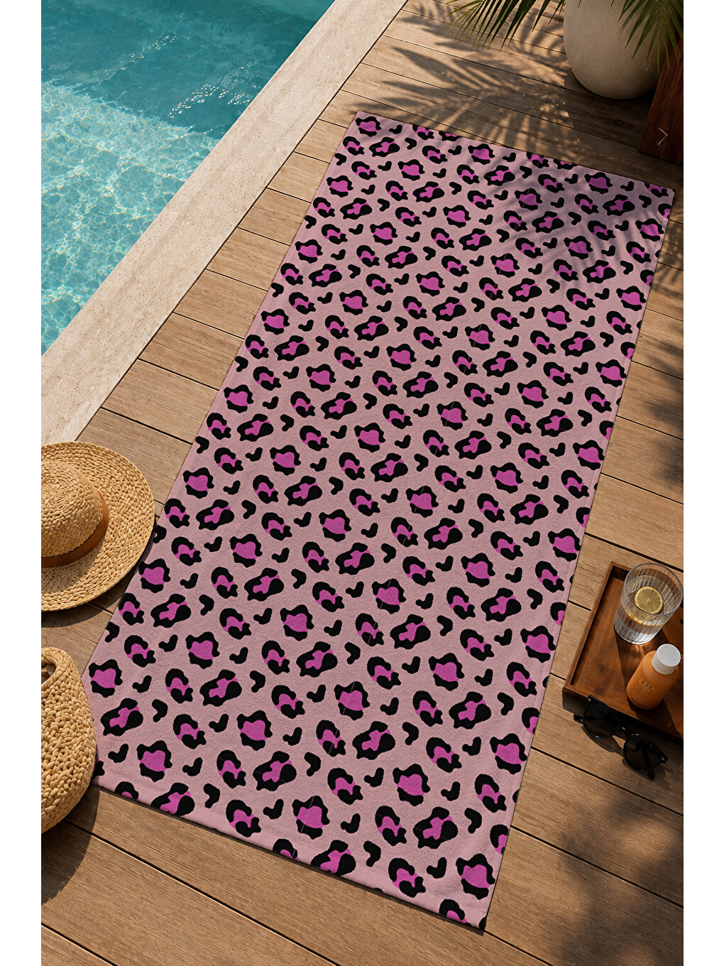 Bej Pembe Leopar Desenli 70x150 Cm Dijital Baskılı Plaj Ve Banyo Havlusu-2