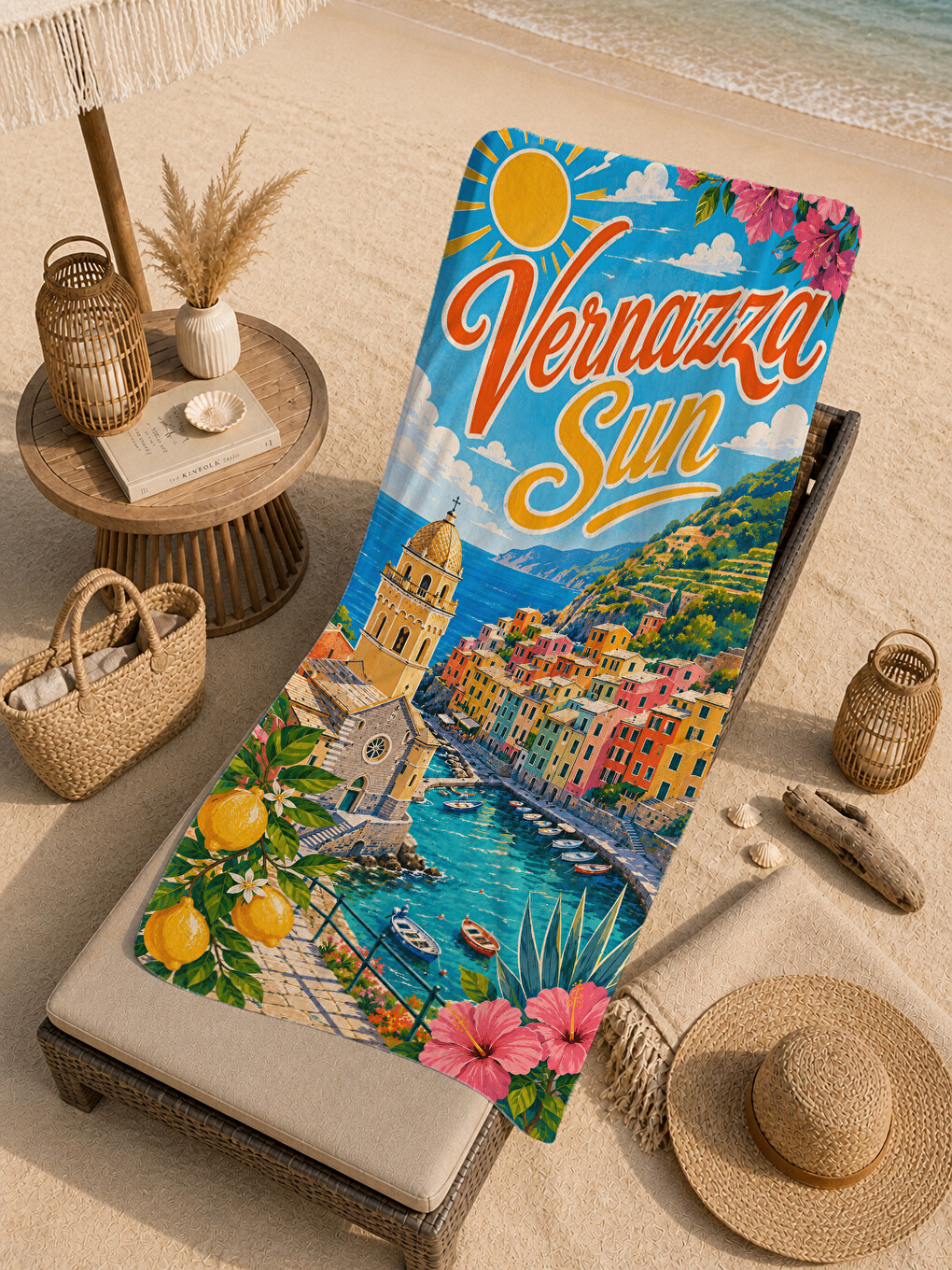 Turuncu Vintage Verano Del Sol Yaz Posteri Desenli 70x150 Plaj Havlusu - Dijital Baskılı Banyo Havlusu-2