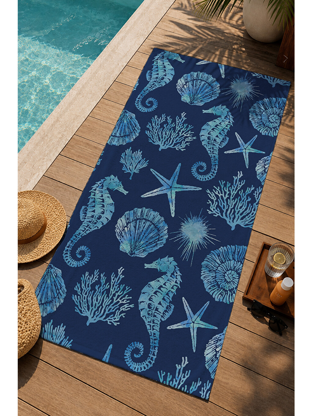 Lacivert Deniz Kabuğu Ve Deniz Yıldızı Desenli 70x150 Cm Dijital Baskılı Plaj Ve Banyo Havlusu-1