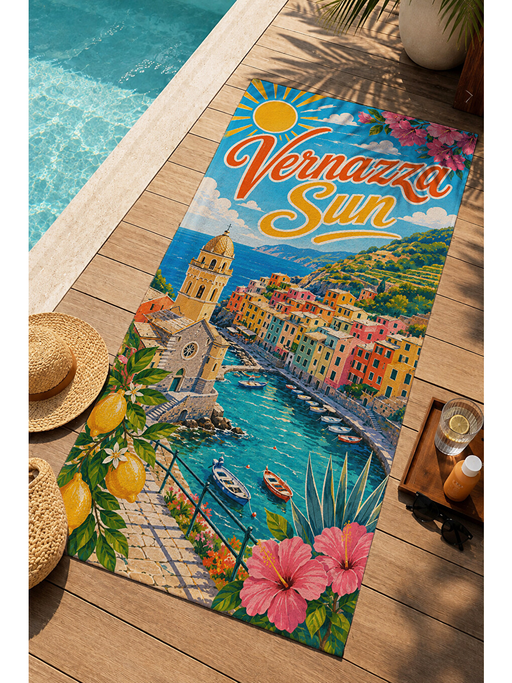 Turuncu Vintage Verano Del Sol Yaz Posteri Desenli 70x150 Plaj Havlusu - Dijital Baskılı Banyo Havlusu-3