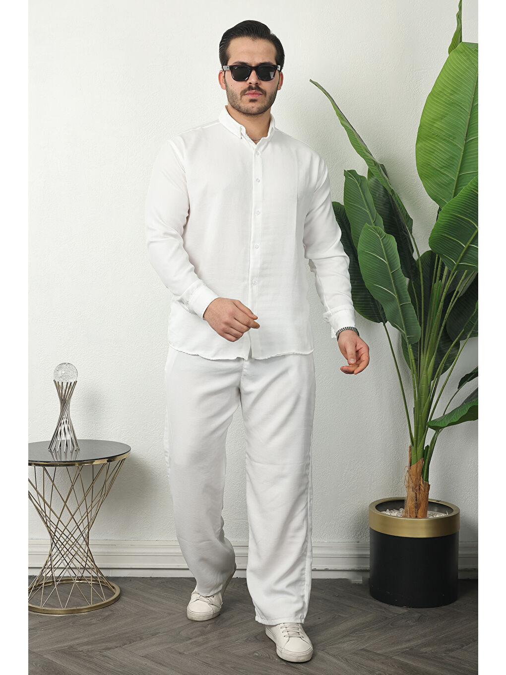 Erkek Trend Keten Gömlek Baggy Eşofman Beyaz İkili Takım-4